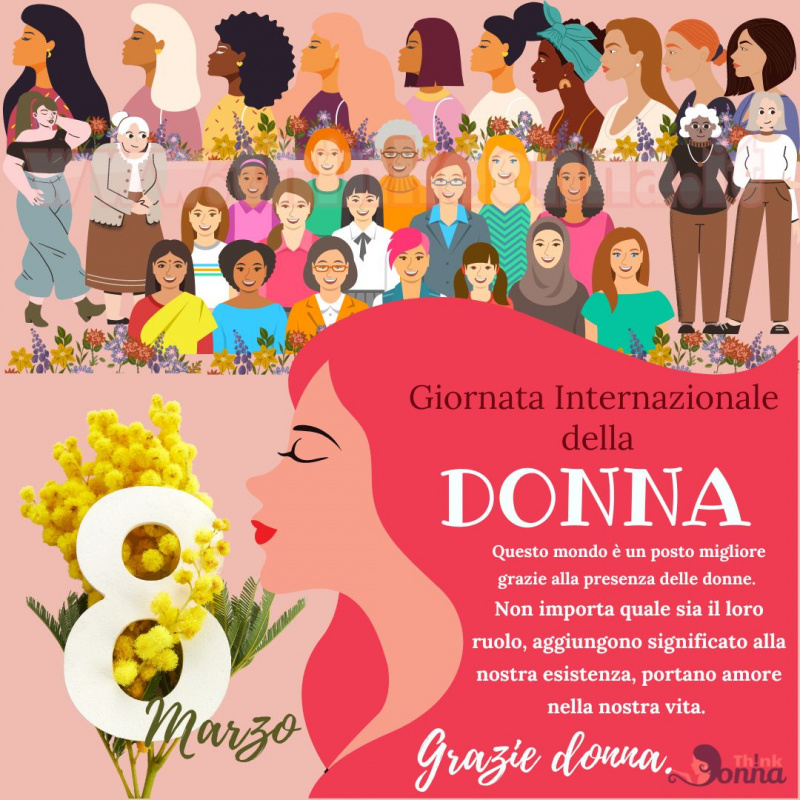 illustrazione volto tante donne giovani anziane viso mazzo bouquet mimosa profilo 8 marzo giornata internazionale della donna