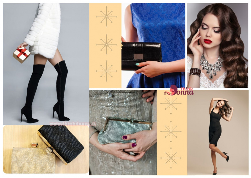 capodanno accessori borse clutch oro argento nero pelliccia ecologica bianca pacco regalo viso donna bellissima 