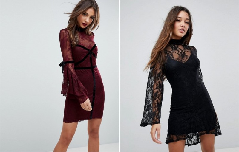 Natale 2017: i look per essere trendy ed eleganti ragazza donna capelli lunghi castani abito borgogna bordeaux pizzo tulle velluto nastri vestito pizzo nero manica lunga