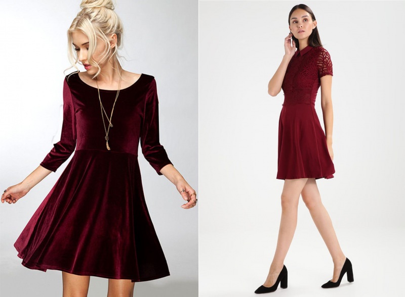 Natale 2017: i look per essere trendy ed eleganti abiti velluto borgogna bordeaux donna capelli biondi lisci legati collana vestito pizzo castani