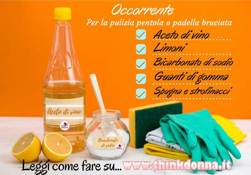 prodotti naturali per pulire sporco pentole padelle limone bottiglia aceto barattolo vetro bicarbonato cucchiaino