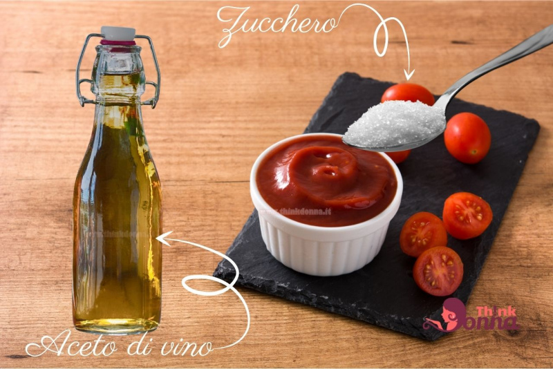 bottiglia aceto di vino bianco ciotola concentrato passata di pomodoro cucchiaio di zucchero su fondo di legno