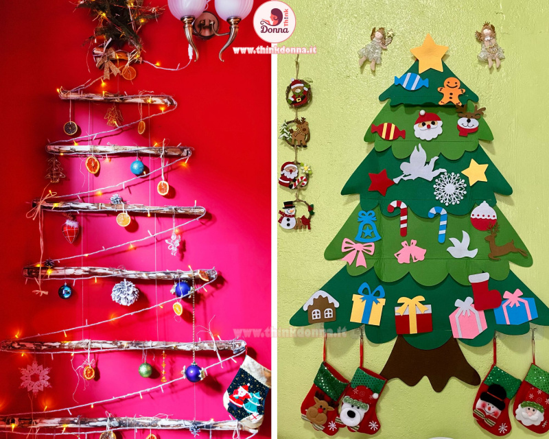 decorazione natalizia alternativa albero natale a muro fato con rami secchi palline fetta arancia candita centricno ghirlanda luci cartoncino ritagliato