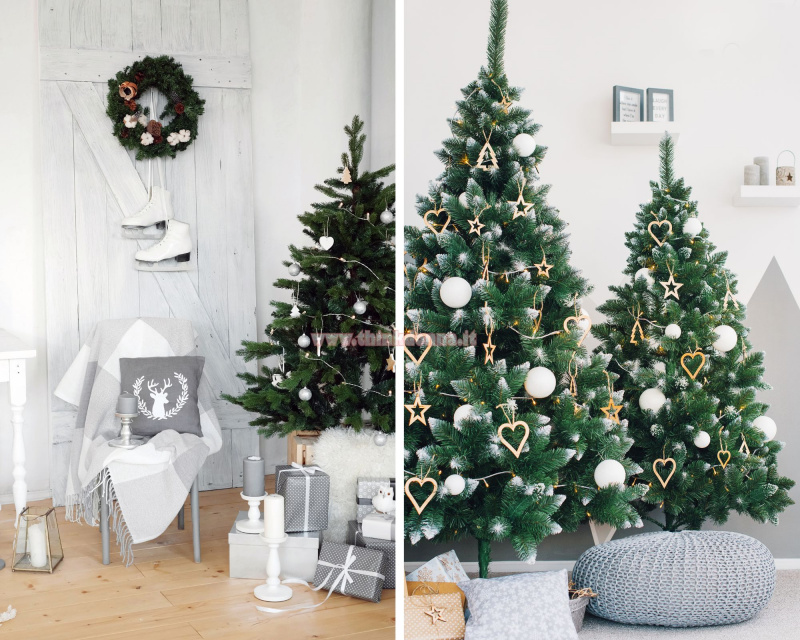decorazioni natalizie bianco verde sedia plaid bianca grigia cuscino grigio stampa renna candele parquet decorazioni legno cuore
