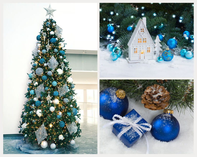 albero di Natale decorato argento blu luci miniatura casetta legno rami verdi pigna palle blu satinato