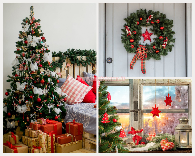 decorazioni natalizie stile nordico bianco rosso fiocchi palline sfere pacchi regalo finestra stelle di stoffa pois quadretti lanterna cuore
