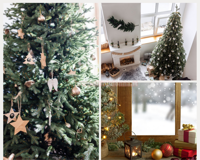 albero di natale verde stile nordico decorazioni di legno pigne finestra neve lanterna tealight pallina rosso oro luci pacchi regalo