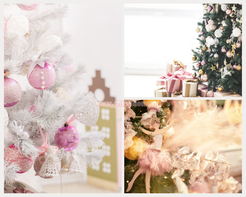 decorazioni natalizie rosa albero di natale rami verde piume angeli fatti all'uncinetto luci