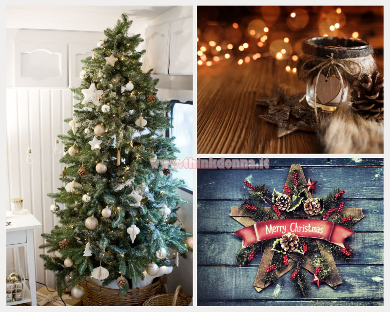 decorazioni natalizie stile rustico stelle palline legno pigne cesta di vimini corona ghirlanda bacche rosse scritta merry christmas luci led