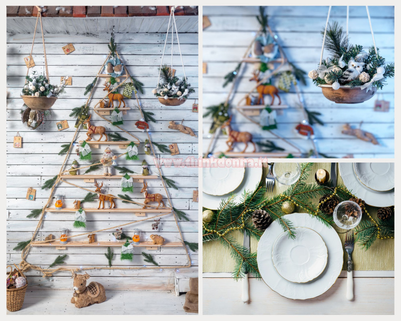 decorazioni natalizie stile rustico ceste vimini renne e gufetti di peluche tavola apparecchiata piatti ceramica bianca bordo oro pigna sfere palline dorate