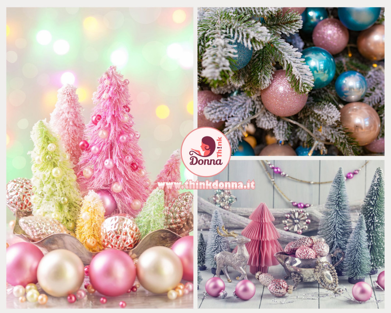 decorazioni natalizie rosa pastello sfere colorate verde rami verdi innevati