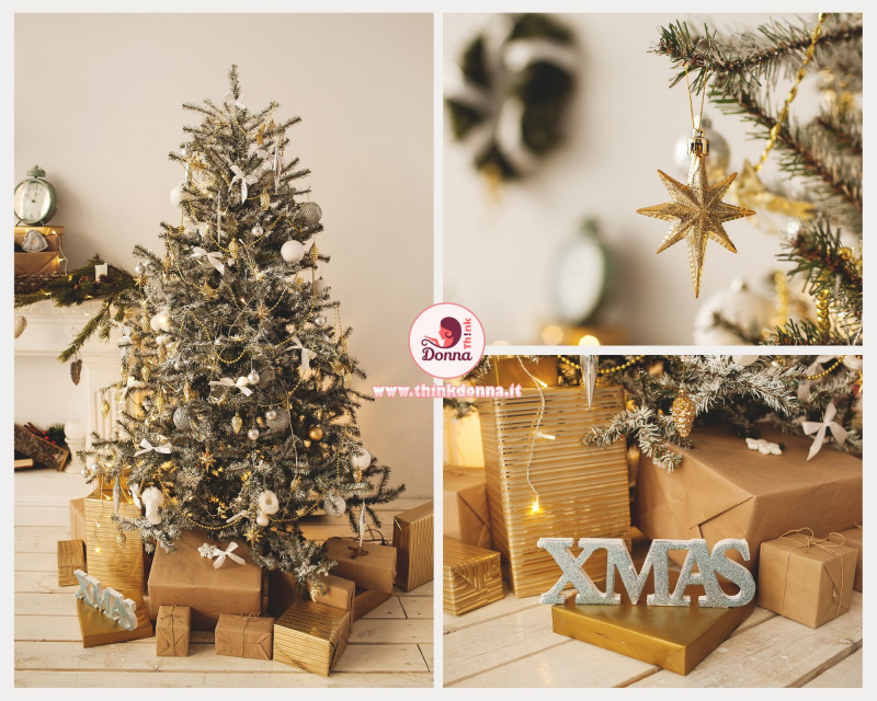 decorazioni natalizie stile scandinavo abete rami luci pacco regalo carta kraft fiocchi bianchi