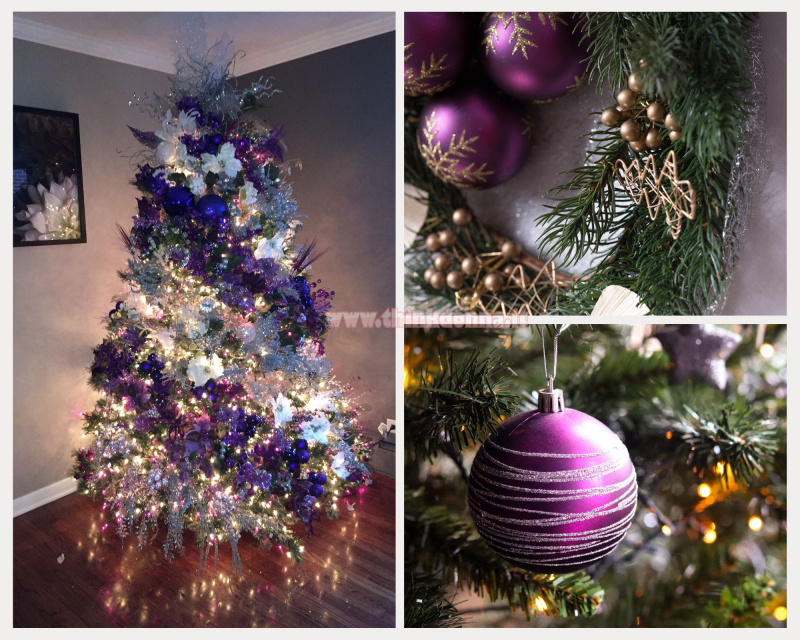 decorazioni natalizie viola albero di natale fiori parquet ghirlanda rami verdi palline viola oro luci