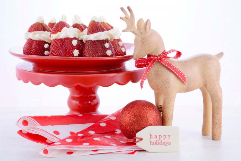 babbi natale fatti di fragola panna montata piatto ceramica rossa tovaglioli poise bianchi rossi renna decorazione natalizia