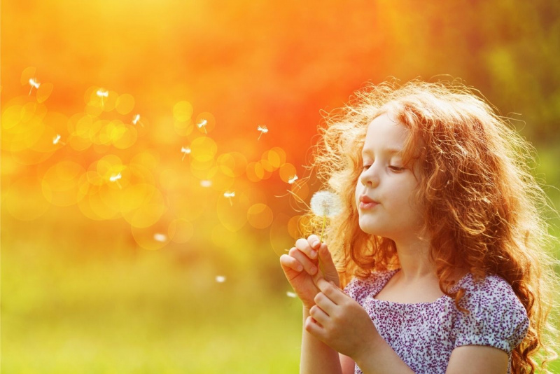 bella bambina con lunghi capelli rossi soffia su fiore soffione tarassaco tramonto