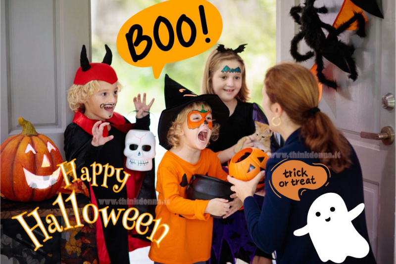happy halloween scritta bohh bambini vestiti maschera dolcetto o scherzetto decorazioni