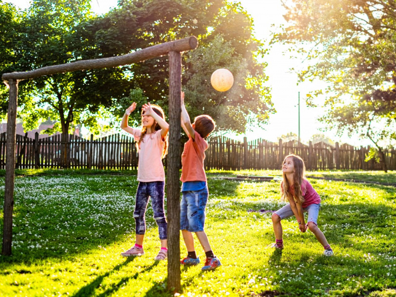 giocare all'aperto giornata bella di sole cielo azzurro alberi bimbi maschi e femmine steccato legno