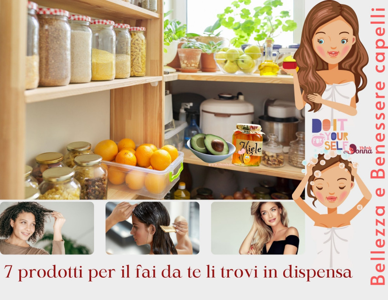 dispensa alimenti cibo barattoli ciotola mele limoni olio illustrazione donna crema capelli massaggio barattolo miele avocado do it your self