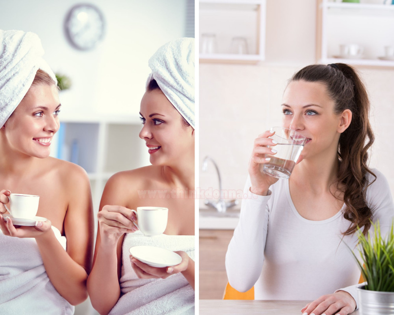 bere acqua donne sorridenti cura di bellezza pelle al naturale teli spugna