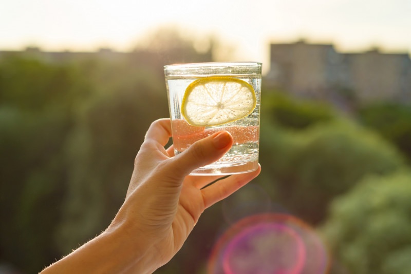 mano tiene bicchiere acqua e feta di limone natura