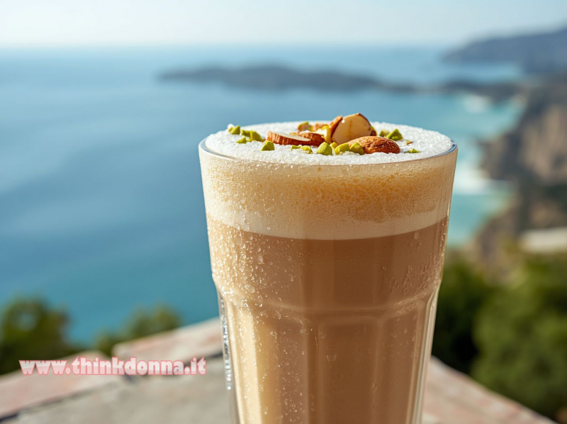 Un bicchiere alto e ghiacciato di caffè ammantecato siciliano con latte di mandorla e granella di pistacchi, con lo sfondo del mare di Trapani.