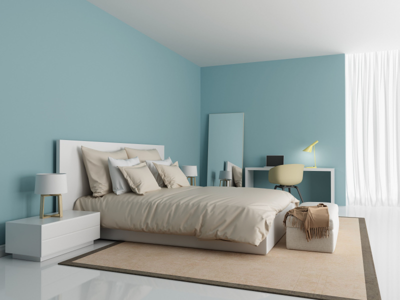 cromoterapia stanza da letto celeste azzurro letto tappeto