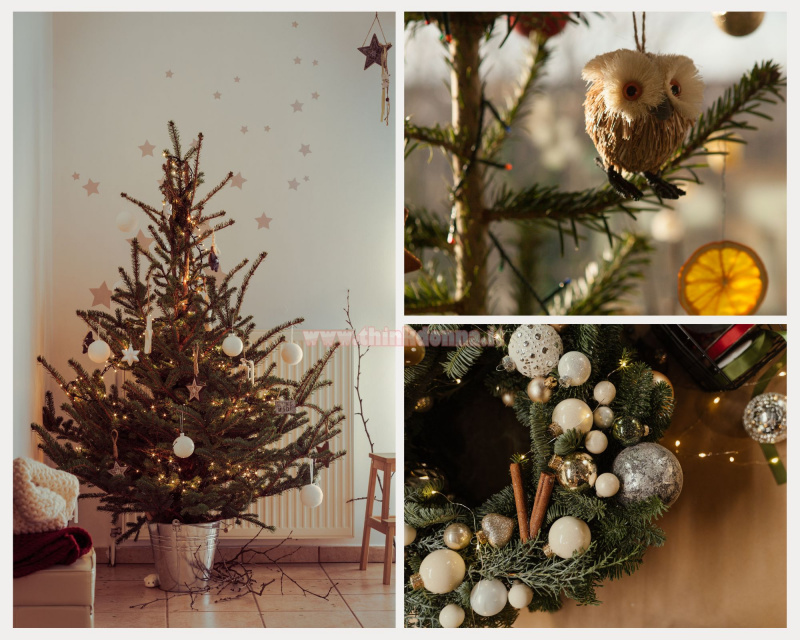 albero di Natale naturale rustico abete stringa luci vaso alluminio ramo ghirlanda palle bianche oro argento peluche gufetto 