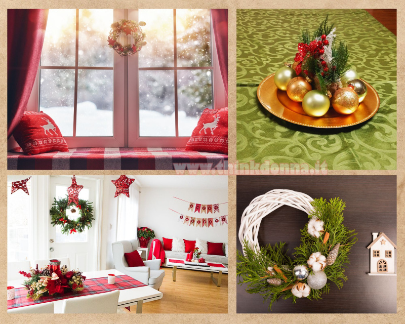 finestra natalizia plaid quadri cuscini rossi motivo renne bianche nordico runner tartan scozzese centrotavola candele poltrone soggiorno