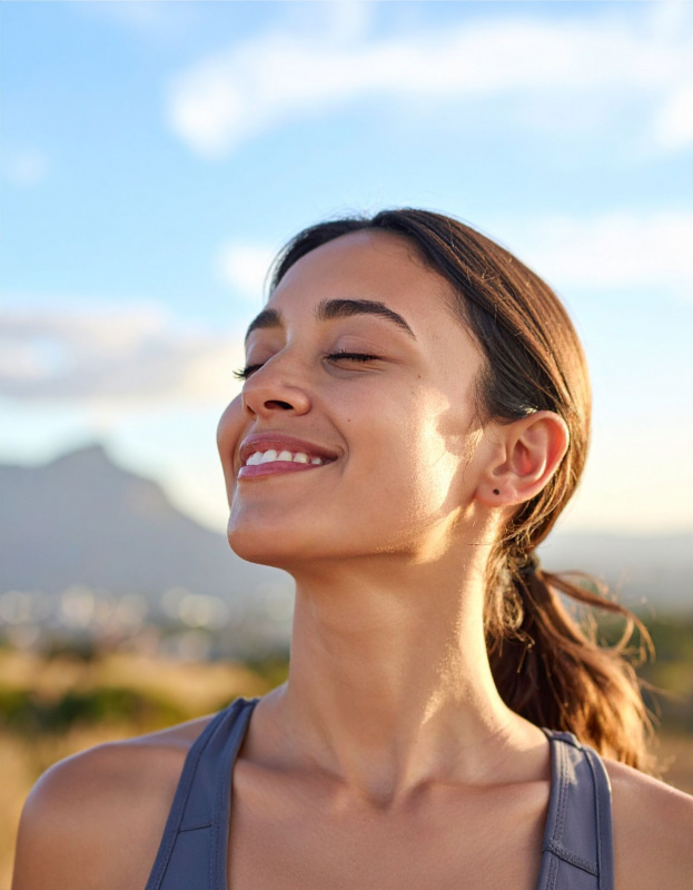 Primo piano di un viso femminile illuminato dalla luce del sole in una giornata di primavera in mezzo alla natura.