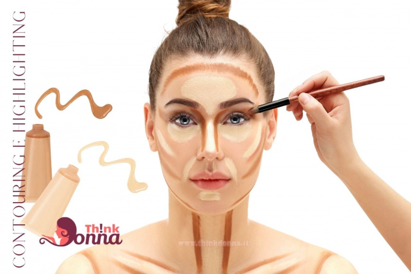 tutorial viso zone make-up trucco contouring highlighting pennello zigomi clavicole collo donna occhi azzurro pennello