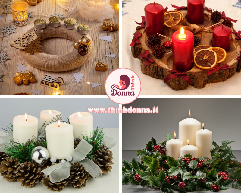 decorazione natalizia corona avvento legno fiocchi neve palline candele tealight dorate fette arance essiccate rami agrifoglio