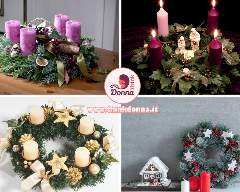 decorazioni natalizie corona Avvento candele viola nastri dorati pigne rami verdi Sacra Famiglia ghirlanda