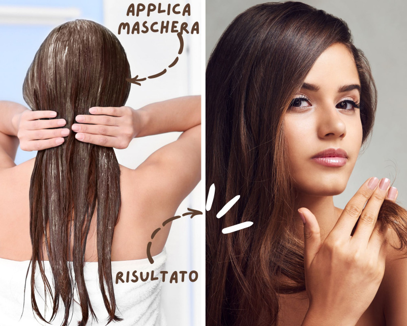 donna di spalle con capelli lunghi umidi applicamaschera di bellezza con le mani prima bella donna di profilo capelli luminosi morbidi setosi dopo