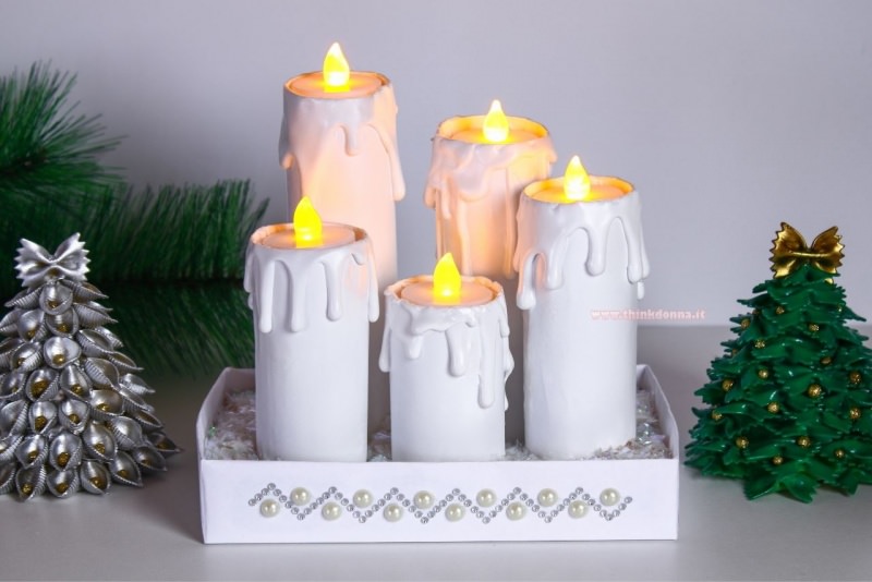 candele finte fai da te con tea light led luce gialla ramo abete decorazione natalizia