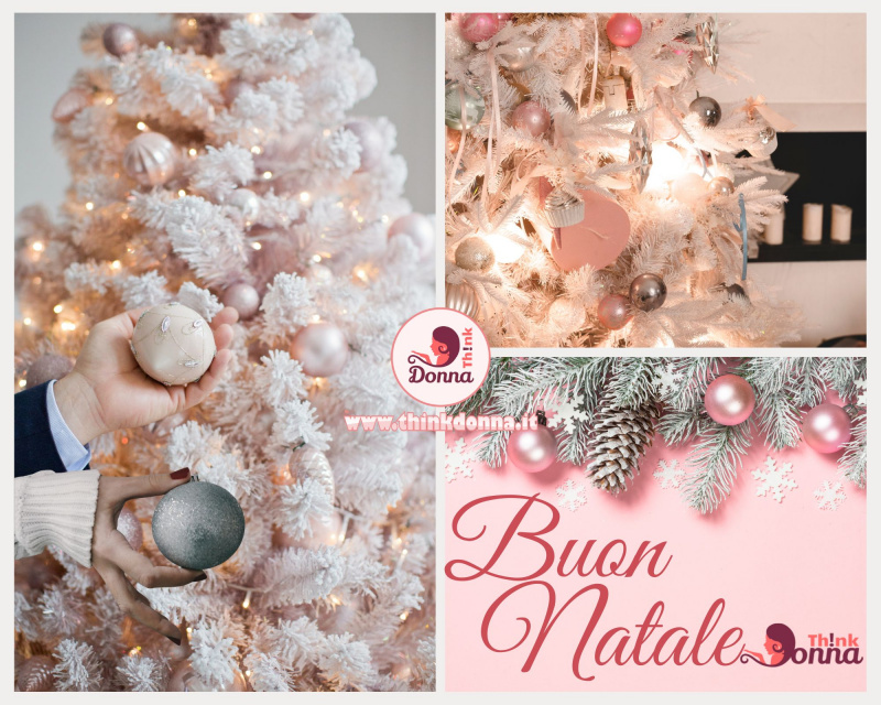 sfere palle di Natale rosa argento rami bianchi pigne