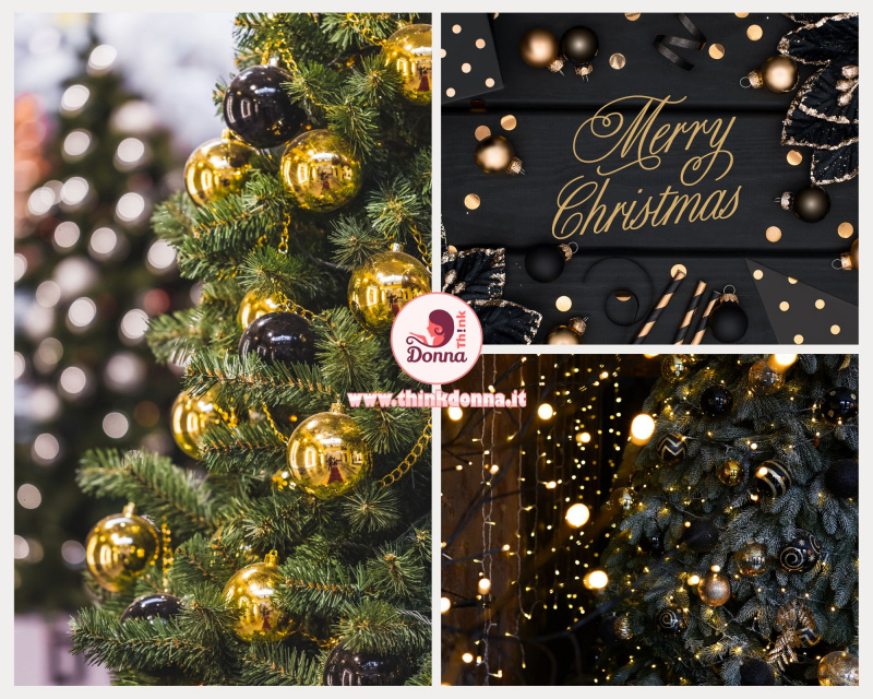 palle nero lucido oro rami albero di Natale catena dorata luci led mini lucciole pallina nero opaco