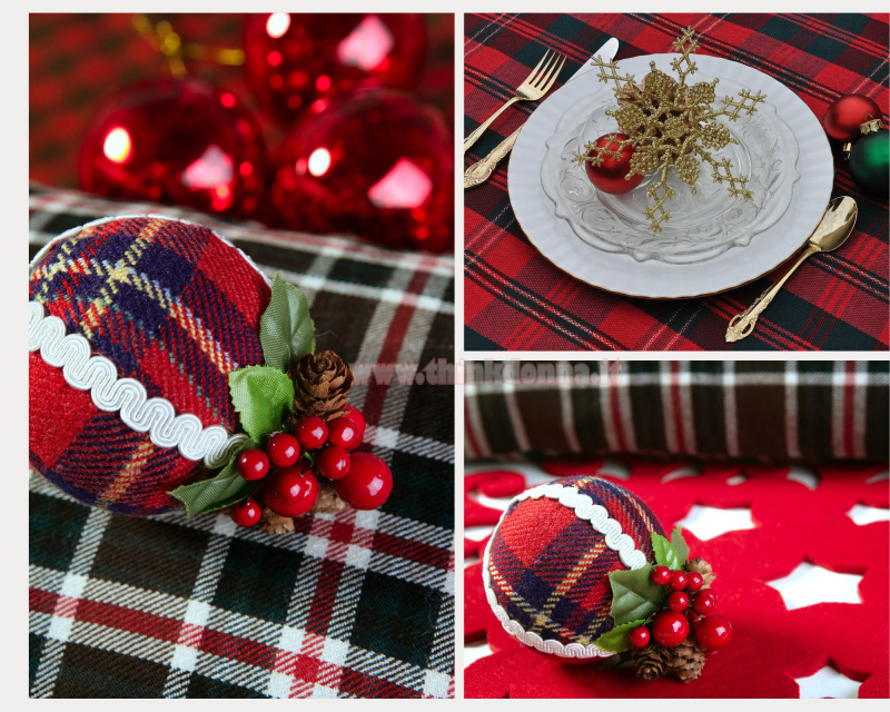 pallina di Natale quadri tartan scozzese rosso nero binco tovaglietta rossa luci