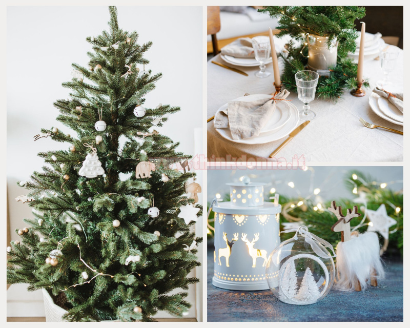 albero di natale stile scandinavo naturale rami verdi decorazioni bianco legno lanterna decoro renne vetro tavola apparecchiata