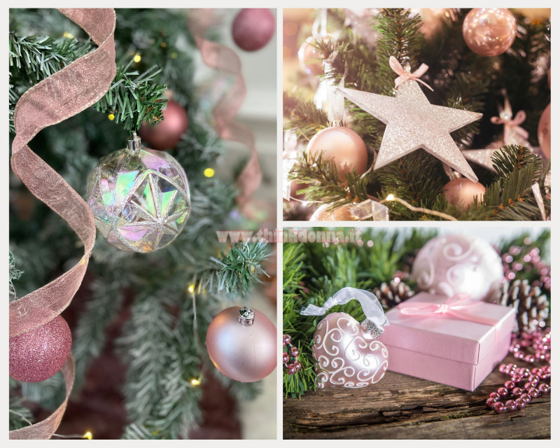 rami albero di Natale luci nastro palline rosa sfumature