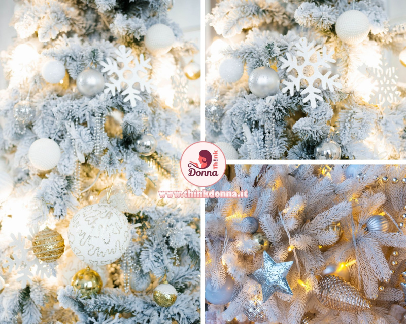 albero di Natale palline sfere argento bianco prp fiocco di neve luce