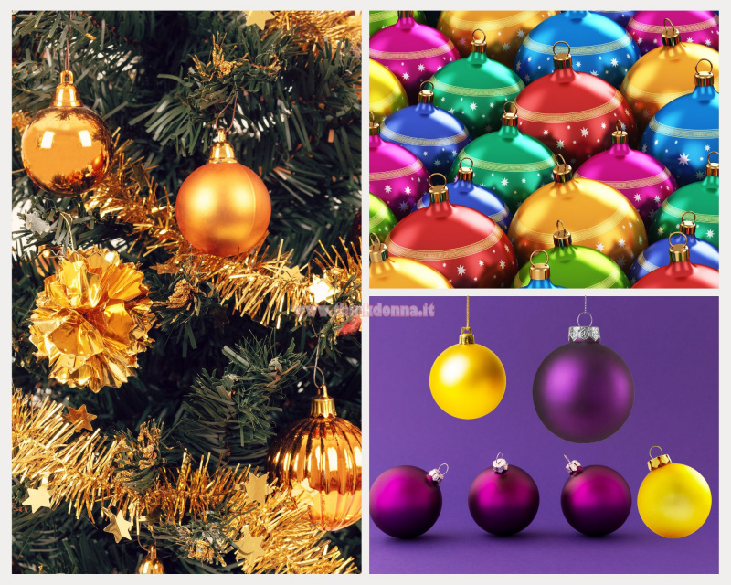 palline arancione lucido rami verde albero di Natale viola giallo decorazioni natalizie