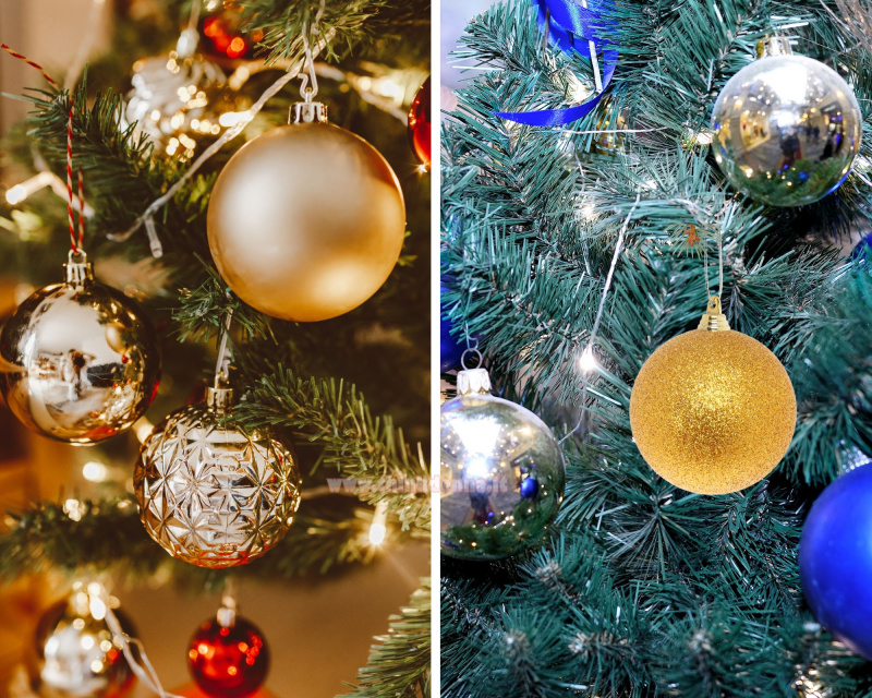 palline rosse oro lucido opaco glitter rami albero di Natale luci