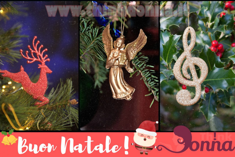 renna rossa decoro albero di Natale angelo dorato nota musicale oro foglie vischio rosso