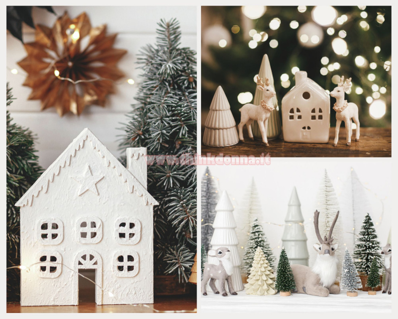 casetta legno bianca miniatura stile nordico rami innevati abete alberelli renna luci led