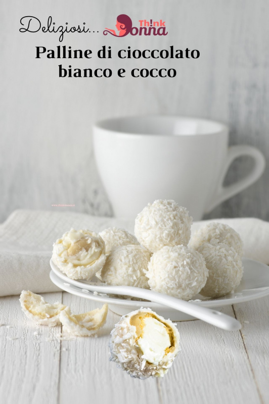 palline di cioccolato bianco cocco deliziosi tazza piattini t cucchiaio dolce