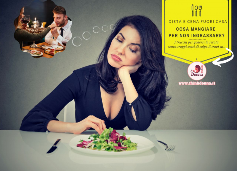 giovane donna sogna cena ristorante seduta davanti piatto insalata radicchio dilemma dieta
