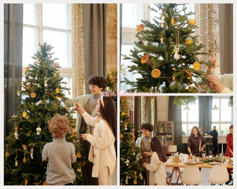 collage di foto preparazione festivit natalizie addobbare albero di Natale in famiglia bambina capelli lunghi castani bimbo biondo mamma donna rami verdi tavola imbandita festa