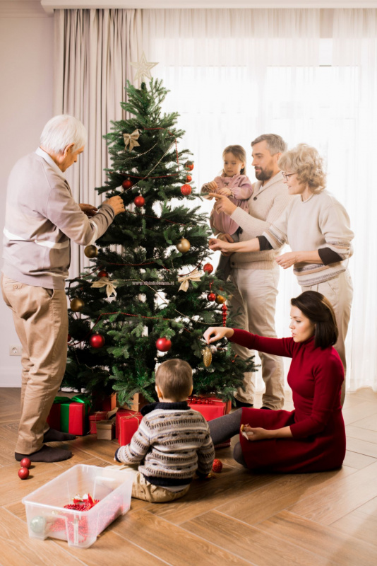 addobbare albero di Natale decorazioni natalizie nonno nonna papà mamma figli bambino bambina pacchi regalo parquet casa