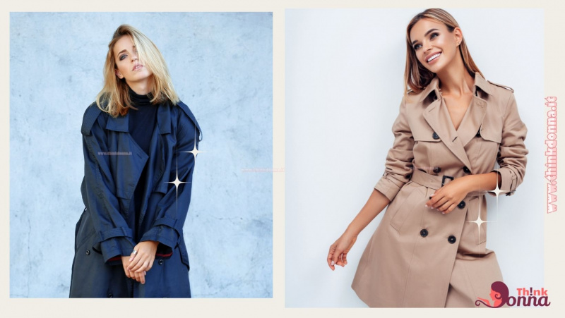 bella donna capelli lisci biondi indossa trench coat blu beige bottoni