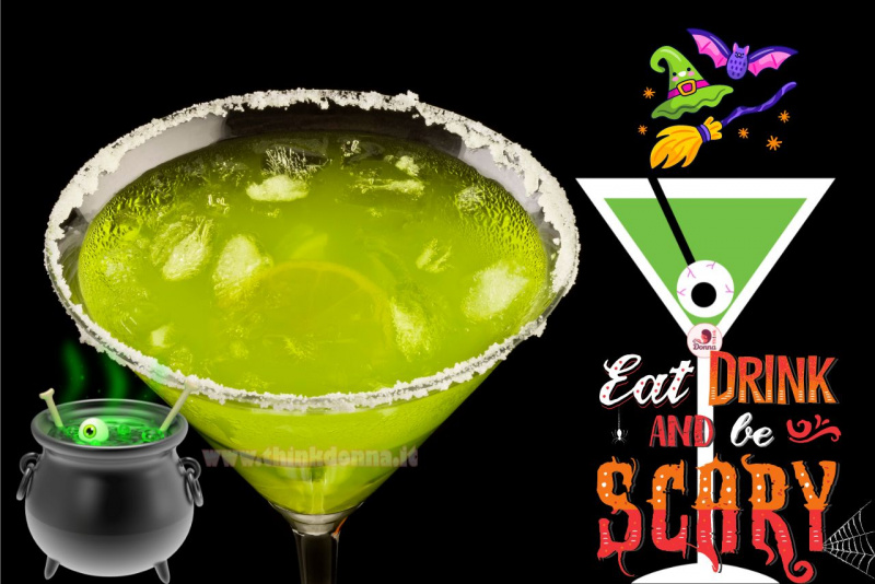 cocktail verde bicchiere martini illustrazioni Halloween pentolone strega cappello